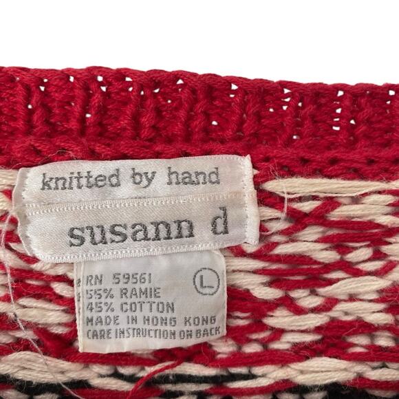 Vintage Susann D Hand Knit Aztec Navajo Red Black Cotton Blend Sweater Large - Picture 2 of 7